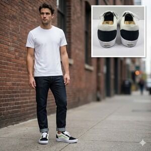 Vans ComfyCush Old Skool Men's 9.5 White Black Blue Yellow Checker Stripe Suede